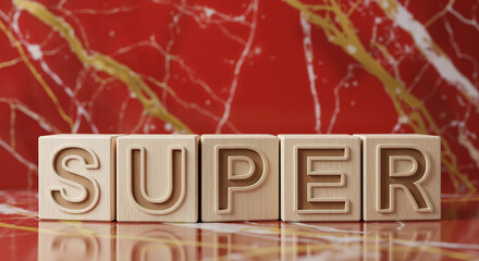 Wooden blocks spelling "SUPER" on red and gold marble background  