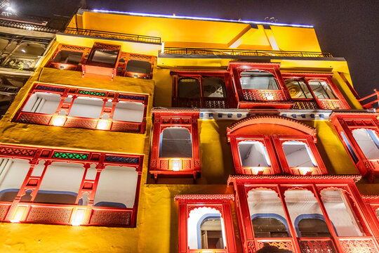 Night view of colorfuly illuminated traditional haveli palace in Lahore, Pakistan