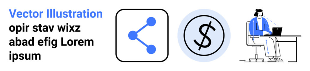 Obraz premium Digital networking, financial transactions, remote work, technology integration, economy, business tools. Share icon, dollar symbol woman at desk working on laptop. Digital networking and financial