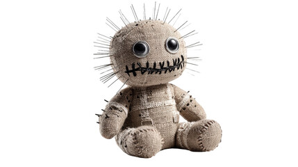 Scary plush doll with many pins, Transparent background, PNG file