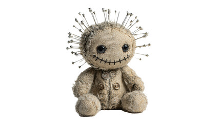 Scary plush doll with many pins, Transparent background, PNG file