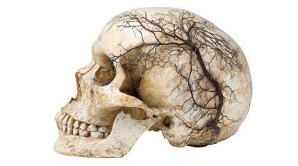 Skeleton head with root veins emerging, Transparent background, PNG file