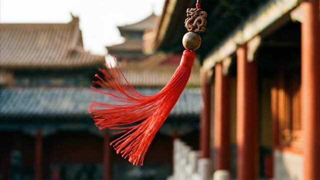 Red tassel swaying in wind at traditional Chinese temple. Lunar New Year decoration hanging from ornate pillar with curved roof. Symbol of prosperity and good fortune in cultural festival.