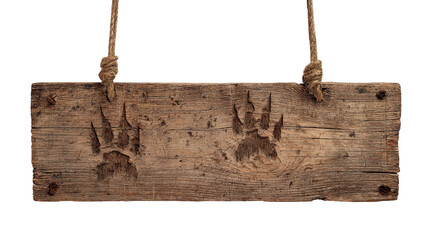 Rustic wooden plank warning sign with claw marks, Transparent background, PNG file