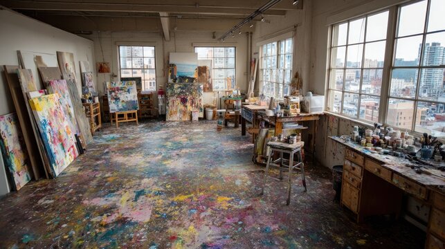 Art studio interior with paint splatters canvases and city view through windows