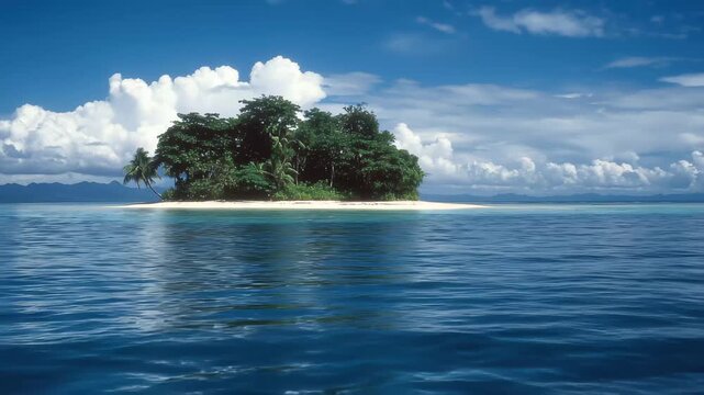 A peaceful tropical island sits in the middle of clear blue waters, framed by white sandy shores and lush green trees. Bright clouds hover above, enhancing the tranquil atmosphere.