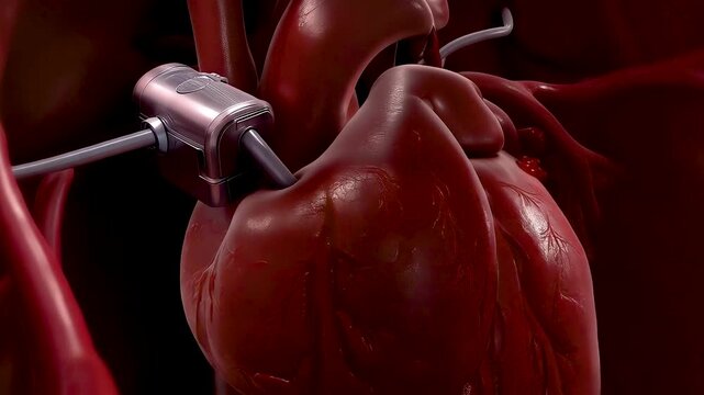 Inside human chest cavity showing titanium pacemaker attached to heart as glowing pulse travels through wire with surgical polish lighting