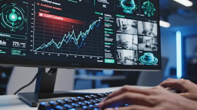 Hands typing on illuminated keyboard in front of data screens