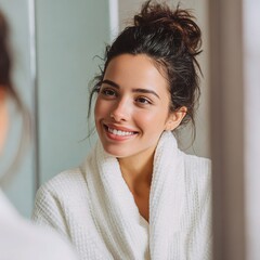 Reflection of Radiance: A woman gazes at her reflection, a serene vision of self-care and inner peace. The soft light enhances her natural beauty as she smiles.