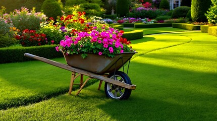 a lush, well-maintained garden with vibrant flowers, a wooden wheelbarrow filled with colorful blooms, and neatly trimmed green lawns.