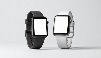 Two smartwatch designs in black and white displayed side by side on a simple background with empty screens