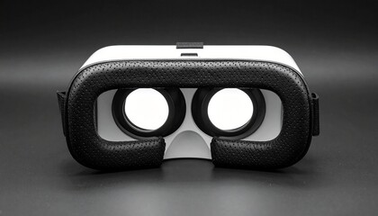 Virtual reality headset on a black background with circular lenses showing a modern design for gaming and exploration activities