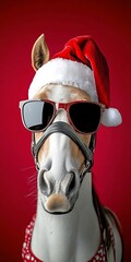 Joyful Holiday Spirit A Charming Horse Dressed in a Santa Hat Spreading Christmas Cheer and Joy