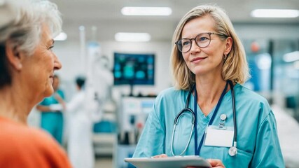 Female doctor in uniform holding digital tablet in busy hospital corridor representing modern healthcare technology professionalism and patient care - Powered by Adobe