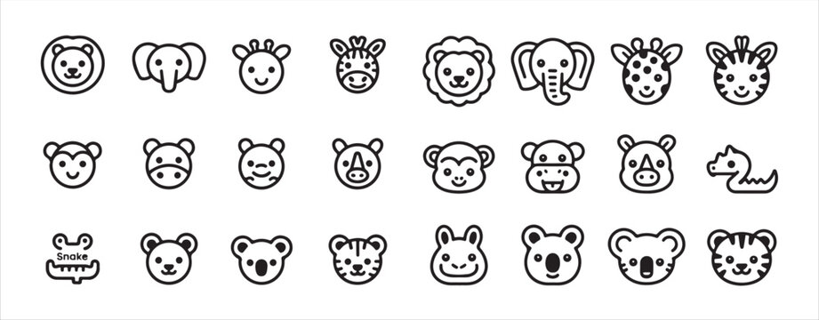 Cute jungle animals heads outline icon set cartoon zoo wildlife creatures face collection for kids