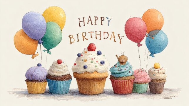 a watercolor painting with candles burning on it, neatly packed presents, a delicious cake and colorful balloons. A great decoration for a birthday party or any celebration.