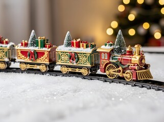 festive, toy train set with colorful, decorated cars adorned with Christmas ornaments, set against a blurred,