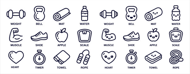 Fitness and healthy lifestyle icon set with outline style including weight bell mat water bottle and more