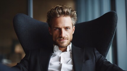 Executive Confidence: A composed businessman, dressed in a sharp suit, sits in a luxurious armchair, a picture of successful ambition, radiating confidence and experience.