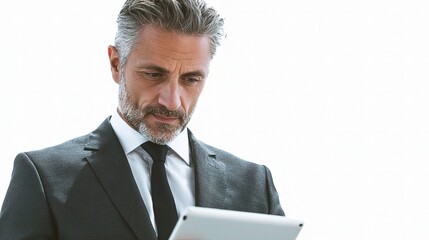Business Professional in Deep Thought: A distinguished man in a finely tailored suit, with a contemplative expression, focused intently on a digital tablet