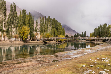 Autumn view of Phander bridge over Gilgit river, Pakistan