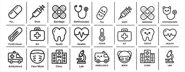 Medical healthcare line icon set emergency first aid kit hospital ambulance lab equipment collection