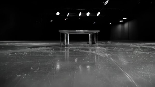 Dark, empty arena with a spotlight on a single table, reflecting on ice