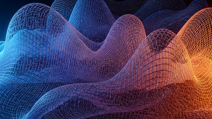 Abstract digital landscape with glowing wireframe waves in blue and orange gradient isolated on white background