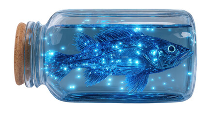 Transparent jar with glowing strange fish,Transparent background, PNG file