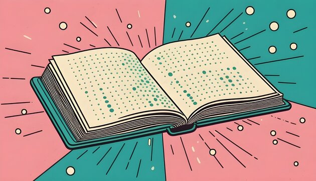 Retro pop art illustration of an open book with raised braille dots on the pages, Colorful polka dot background with bright pastel colors such as pink, teal
