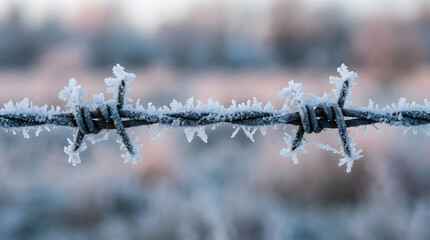 a barbed wire fence coated in frost, set against a blurred, pastel-colored winter landscape.