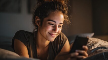 Serene Smile with Smart Phone: A woman's gentle expression of pure contentment and intimate connection. Capturing a moment of personal solace, she holds a smart phone, illuminated in a cozy.