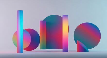 Rendered geometric forms in rainbow gradients, against a white backdrop