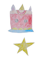 Child&rsquo;s Colored Pencil Drawing of a Birthday Cake and yellow star on Paper