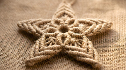 star-shaped ornament lying on coarse, textured burlap fabric