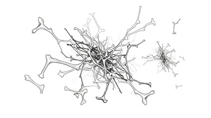 Black and white abstract line art drawing of a complex network or organic structure