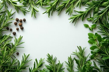 Fresh rosemary herbs peppercorns kitchen white background organic cooking seasoning culinary green frame concept natural minimal botanical design