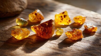 Natural golden amber resin on aged wooden surface catching warm sunlight, forming organic abstract pattern