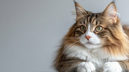 Obraz premium Captivating Close-Up of a Norwegian Forest Cat with Striking Green Eyes Against a Gray Background
