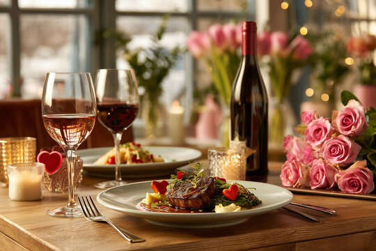 Romantic Valentine's Dinner including steak with heart shaped sauce pink rose bouquet and wine in a cozy restaurant