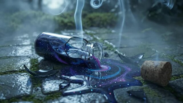 Mystical bottle spills glowing purple potion in foggy enchanted forest. Dark fantasy magic release with swirling mist and ethereal liquid flow.