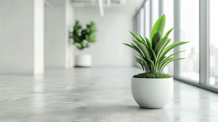Fototapeta premium Potted plant in a white pot near a window in a bright and modern hallway area