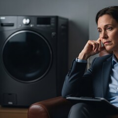 Atmospheric shot of a quiet domestic moment where high-end unmarked laundry technology manages household logistics in a moody environment.