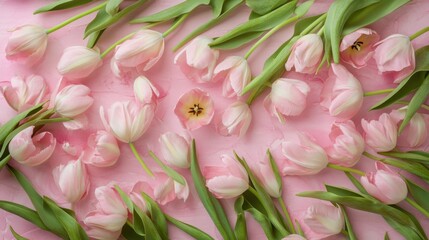Delicate scattering of pastel pink tulips on a textured blush surface evoking spring