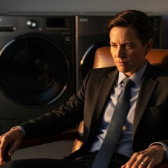 Documentary-style view of a professional resting in a leather chair as subtle domestic automation provides a moment of peace from daily drudgery.