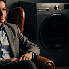 Atmospheric shot of a quiet domestic moment where high-end unmarked laundry technology manages household logistics in a moody environment.