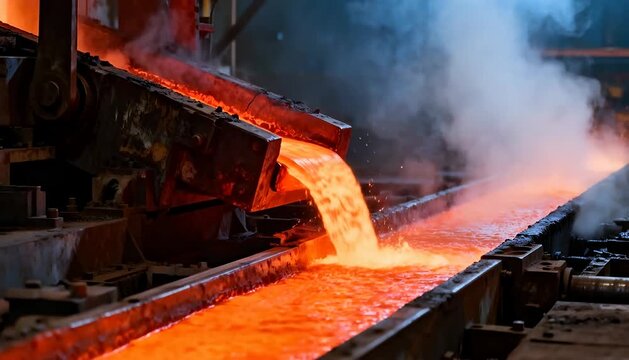 Continuous flow of hot molten metal liquid during industrial steel casting production process, liquid metal.