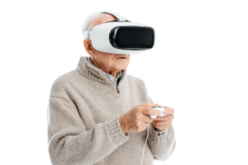 Modern senior using VR headset isolated on transparent background