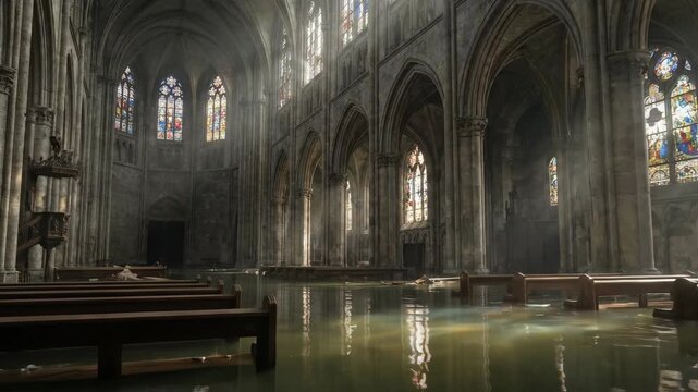Flooded gothic cathedral interior in dark fantasy. Ancient church nave submerged in shallow water with wooden pews and stained glass windows.