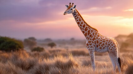 Giraffe standing tall in golden savanna grass at sunset against a colorful african sky, scene tranquil wildlife